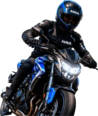 Motociclista com jaqueta MAVA fazendo uma curva